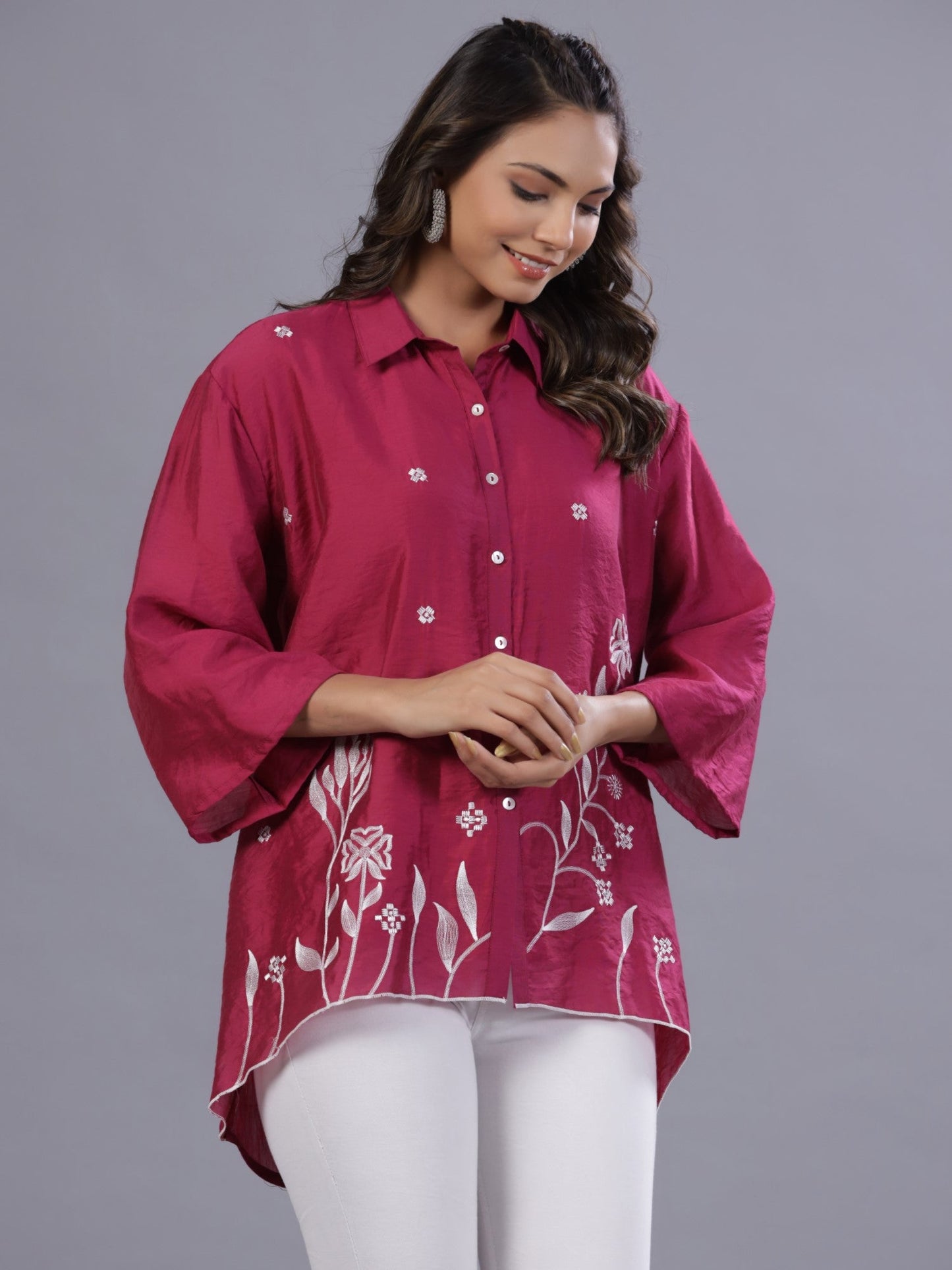 Fuchsia Chanderi Embroidered High-Low Shirt ( Duplicate - 037291)