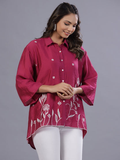 Fuchsia Chanderi Embroidered High-Low Shirt ( Duplicate - 037291)