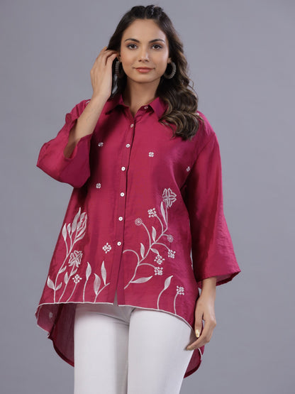 Fuchsia Chanderi Embroidered High-Low Shirt ( Duplicate - 037291)