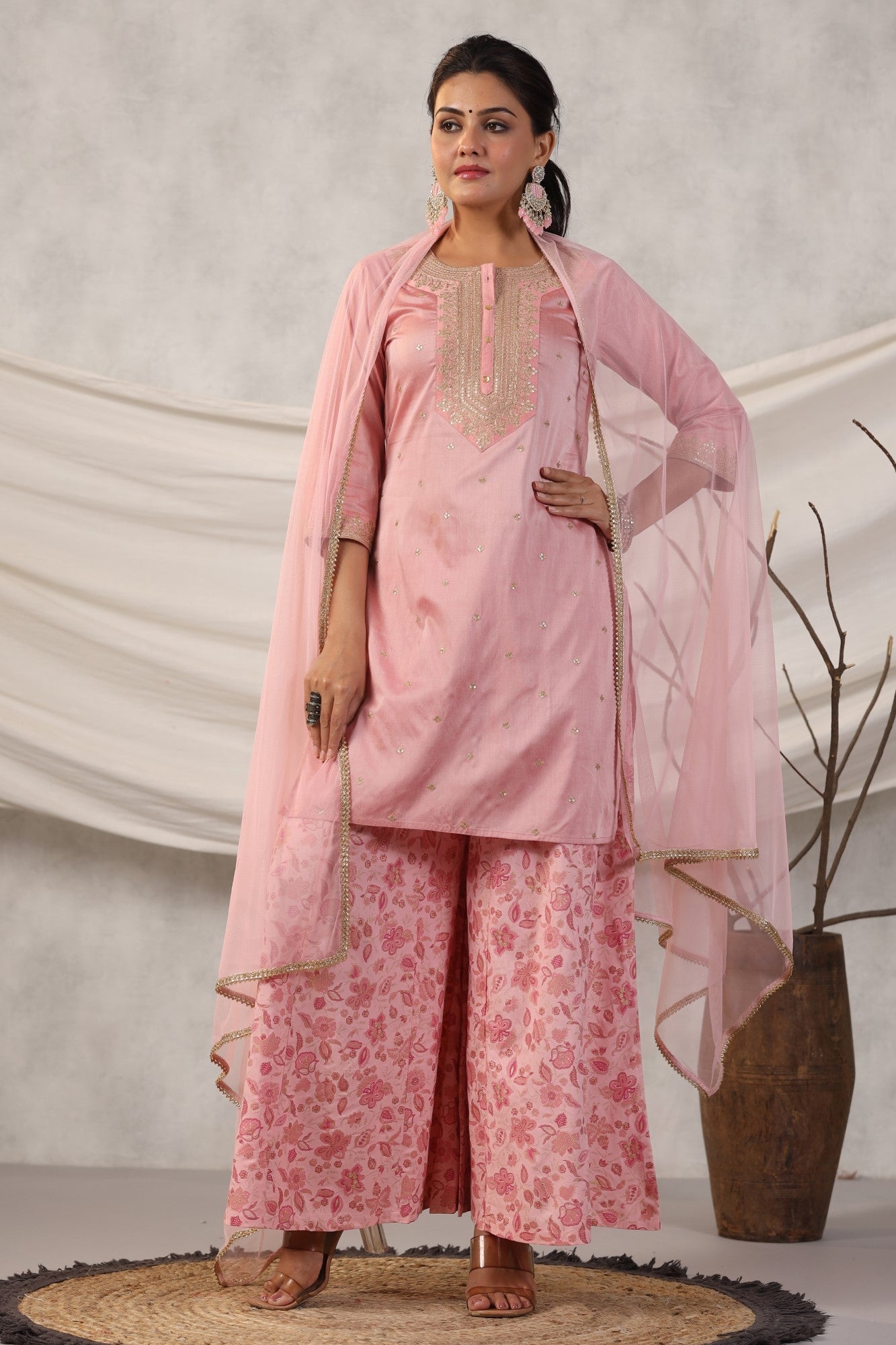 Peach Embroidered  Kurta, Pants And Dupatta Set