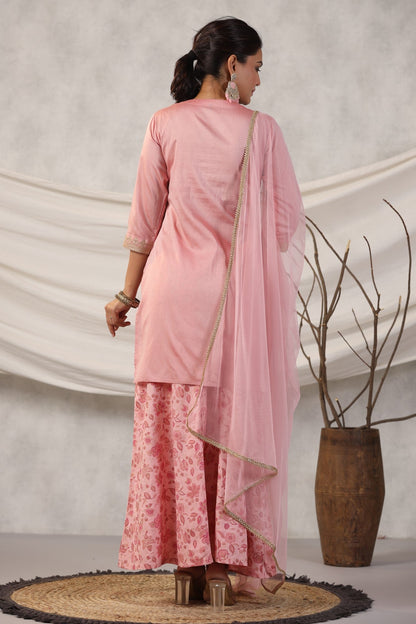 Peach Embroidered  Kurta, Pants And Dupatta Set