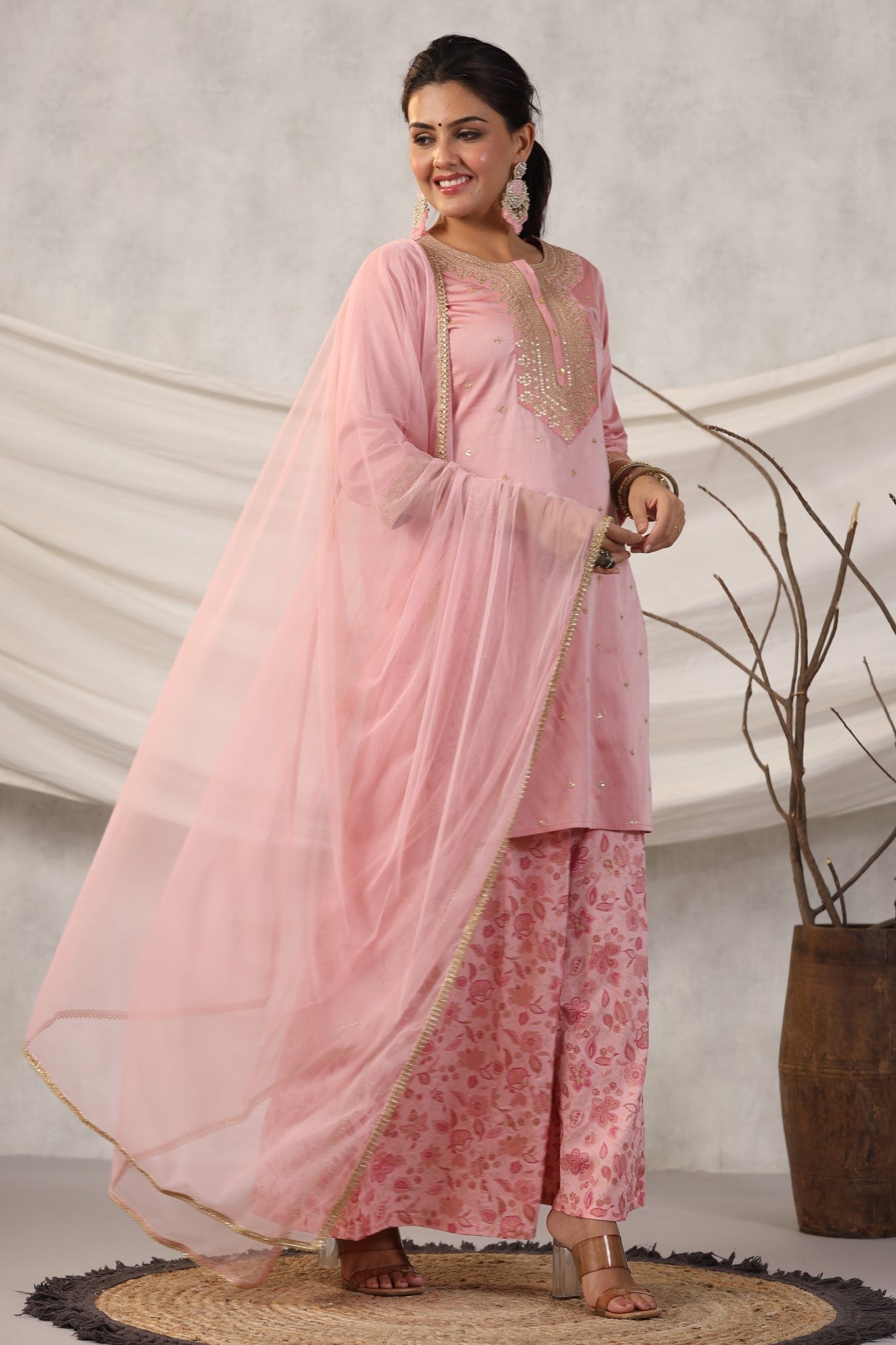 Peach Embroidered  Kurta, Pants And Dupatta Set