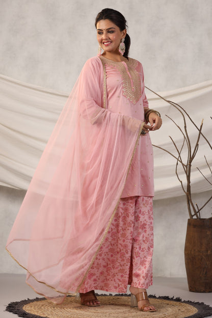 Peach Embroidered  Kurta, Pants And Dupatta Set