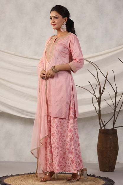 Peach Embroidered  Kurta, Pants And Dupatta Set
