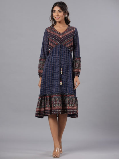 Navy Blue Georgette Printed Midi Dress