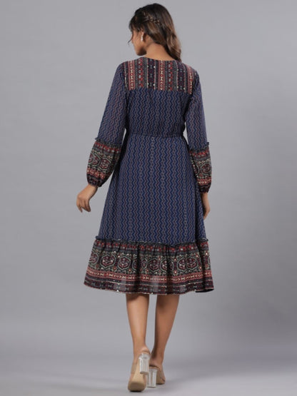 Navy Blue Georgette Printed Midi Dress
