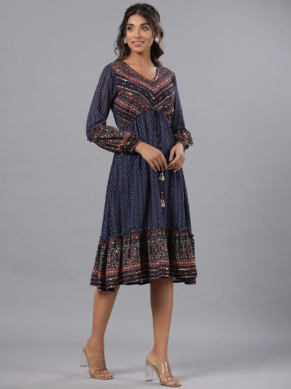 Navy Blue Georgette Printed Midi Dress