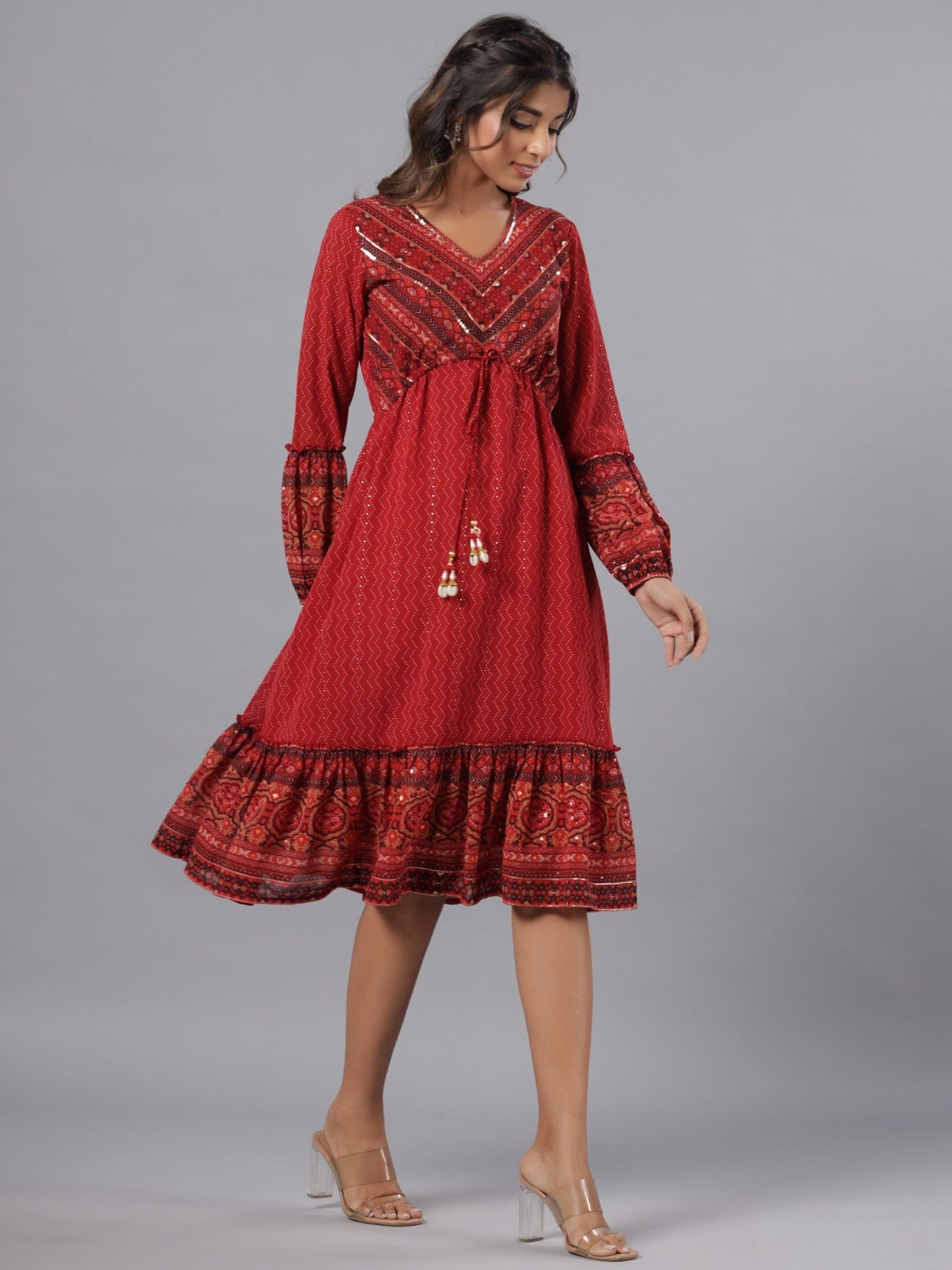 Rust Georgette Printed Midi Dress