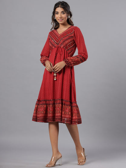 Rust Georgette Printed Midi Dress