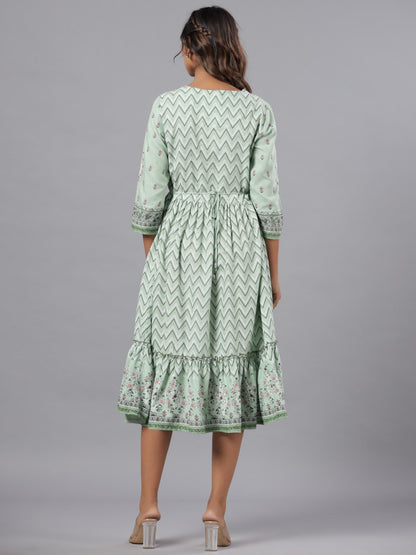 Sage Green Rayon Printed Jacket Style Midi Dress