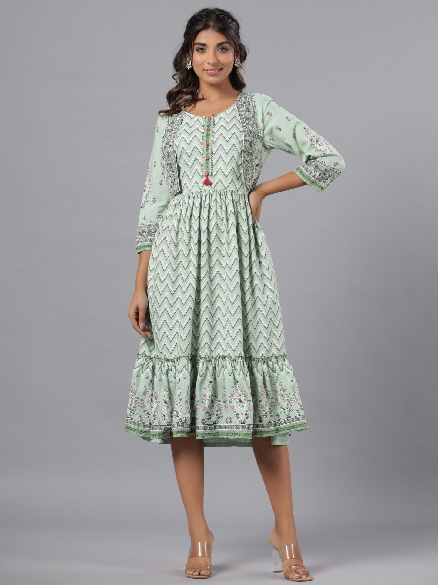 Sage Green Rayon Printed Jacket Style Midi Dress