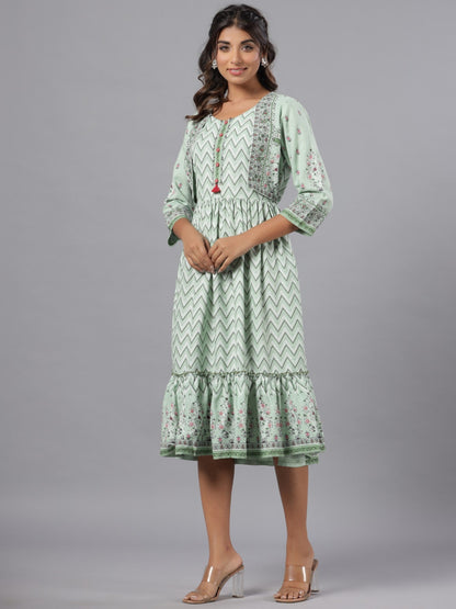 Sage Green Rayon Printed Jacket Style Midi Dress