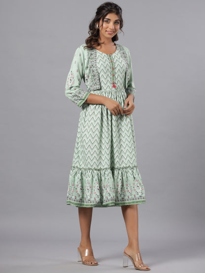 Sage Green Rayon Printed Jacket Style Midi Dress