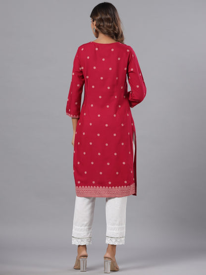 Fuchsia Rayon Printed Knee Length Straight Kurta