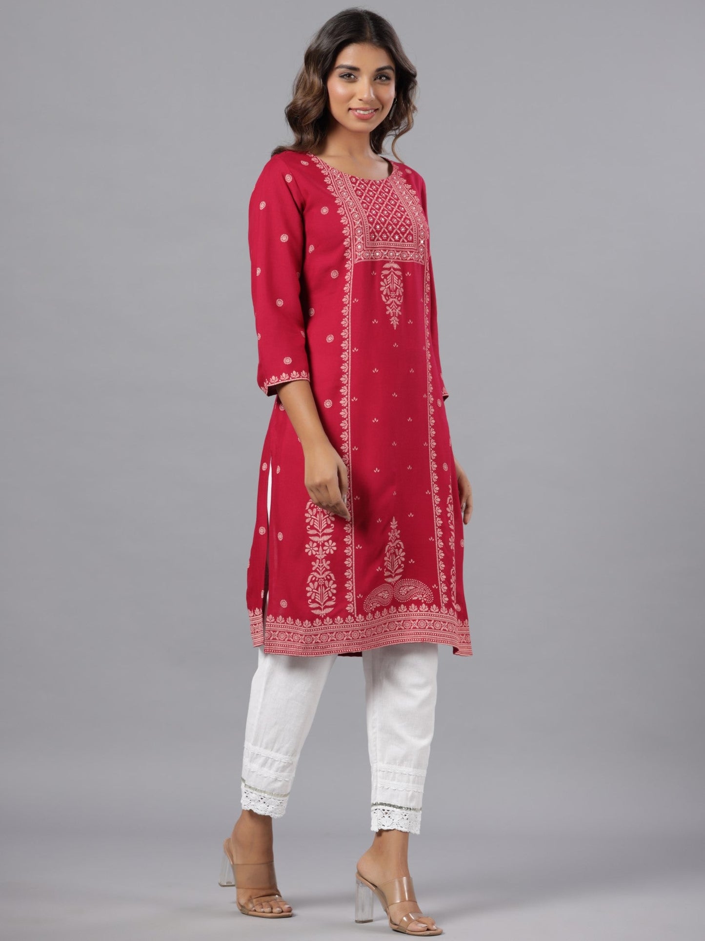 Fuchsia Rayon Printed Knee Length Straight Kurta