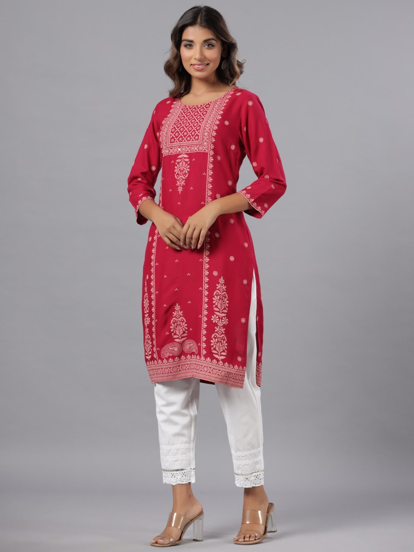 Fuchsia Rayon Printed Knee Length Straight Kurta