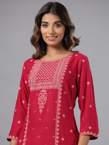 Fuchsia Rayon Printed Knee Length Straight Kurta