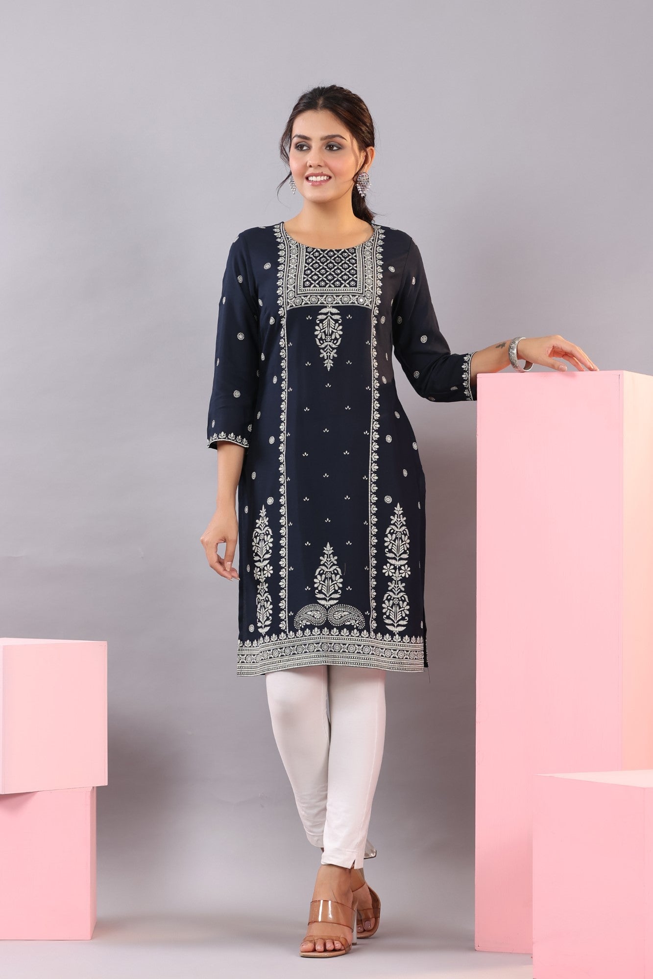 Navy Blue Rayon Printed Knee Length Straight Kurta