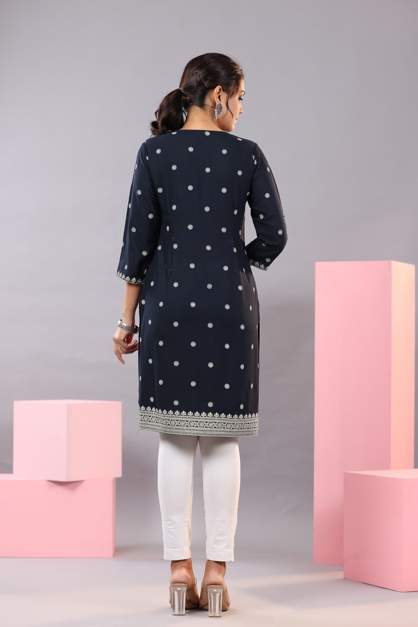 Navy Blue Rayon Printed Knee Length Straight Kurta