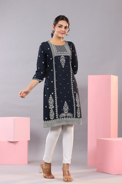 Navy Blue Rayon Printed Knee Length Straight Kurta