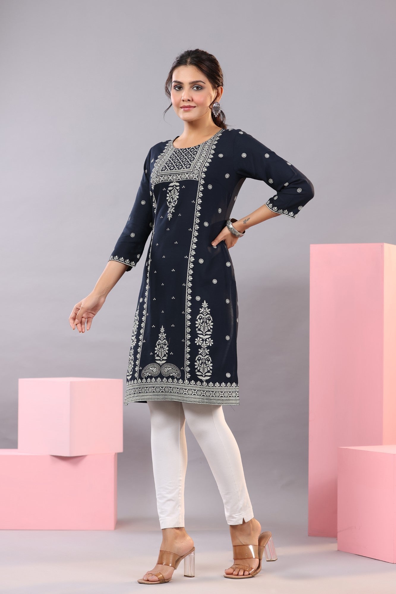 Navy Blue Rayon Printed Knee Length Straight Kurta