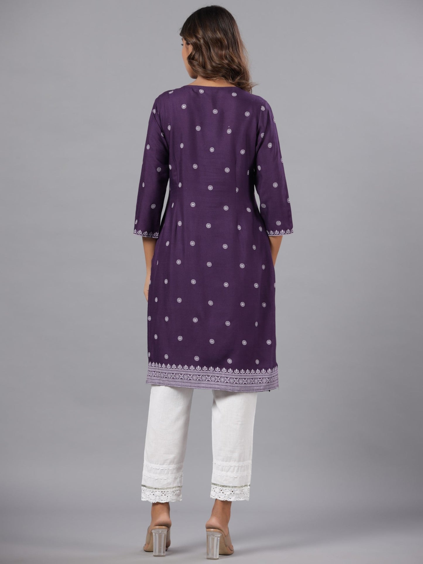 Purple Rayon Printed Knee Length Straight Kurta