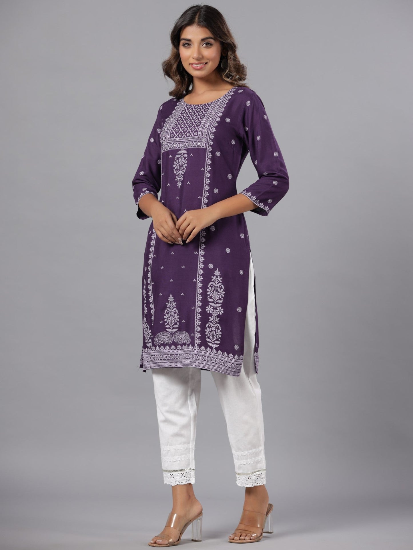 Purple Rayon Printed Knee Length Straight Kurta
