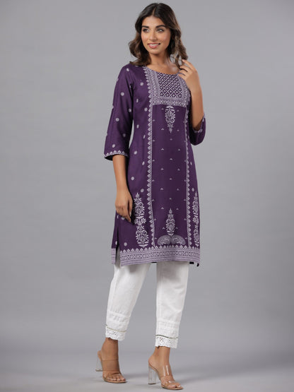 Purple Rayon Printed Knee Length Straight Kurta