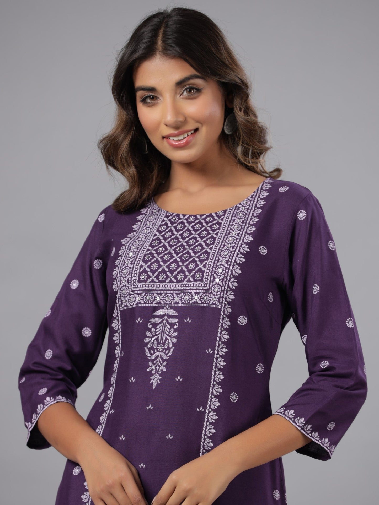 Purple Rayon Printed Knee Length Straight Kurta