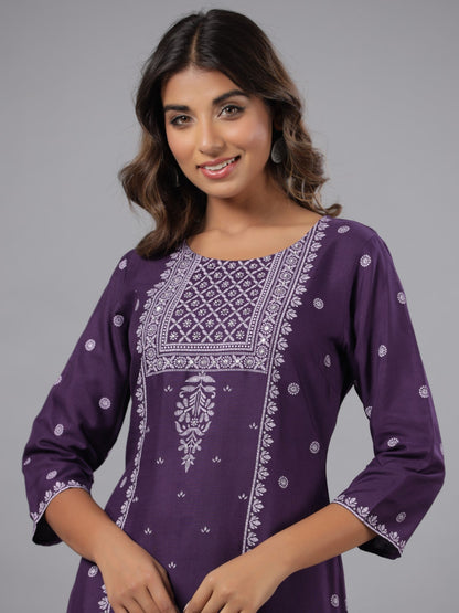 Purple Rayon Printed Knee Length Straight Kurta