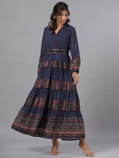 Navy Blue Georgette Printed Maxi Dress