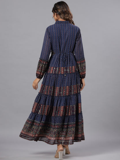 Navy Blue Georgette Printed Maxi Dress