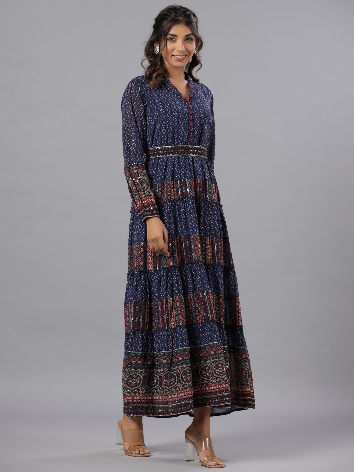 Navy Blue Georgette Printed Maxi Dress