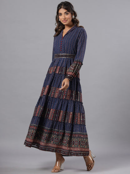 Navy Blue Georgette Printed Maxi Dress