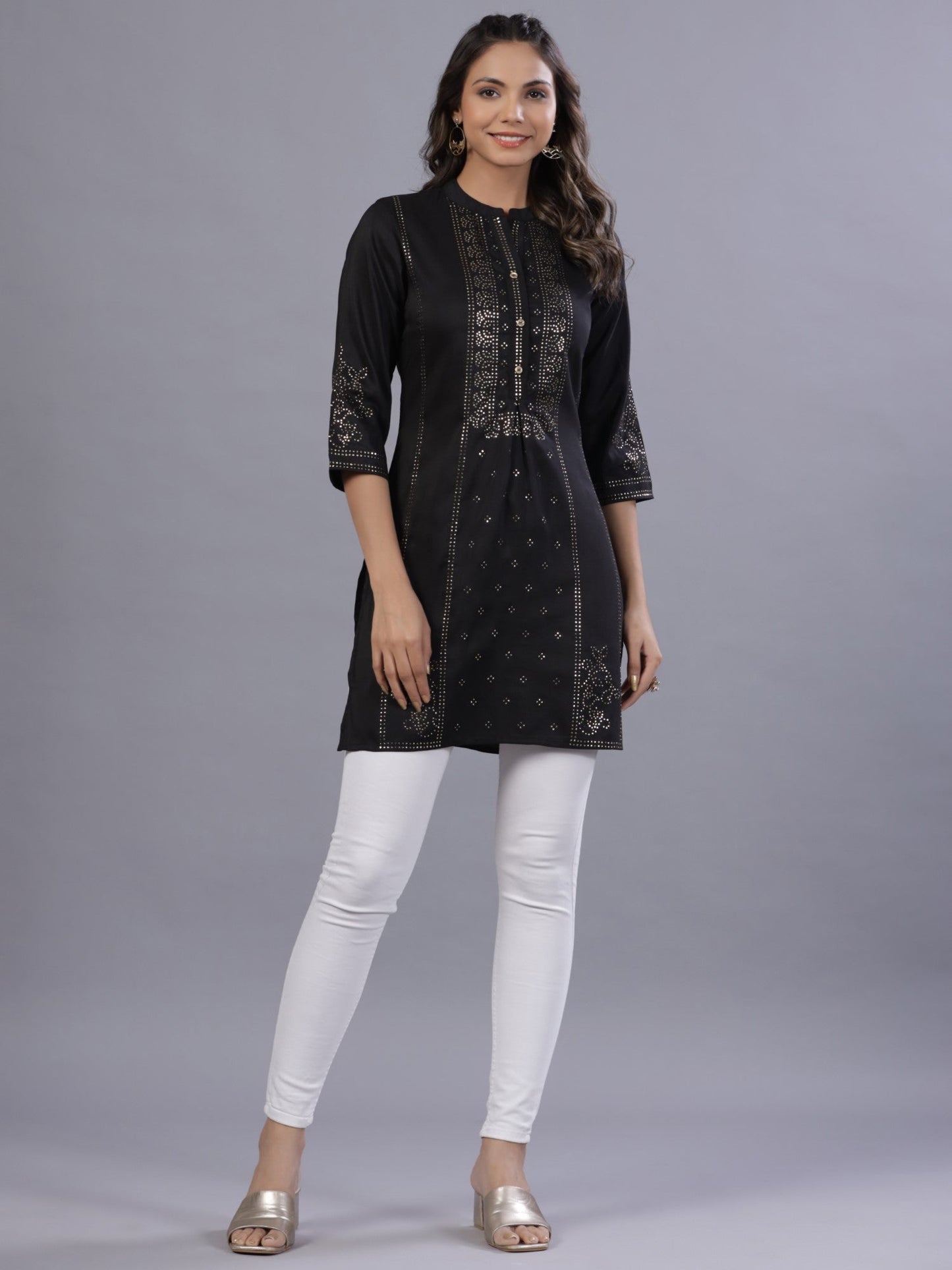 Black Chinon Silk Mukesh Work Straight Tunic