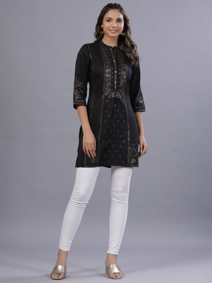Black Chinon Silk Mukesh Work Straight Tunic