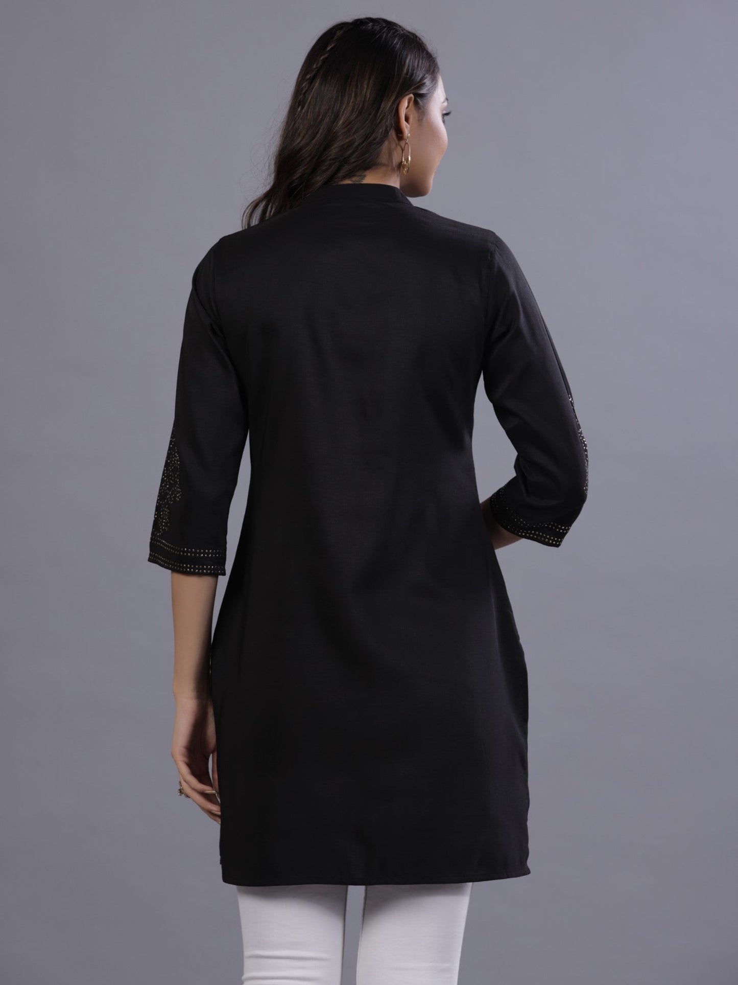 Black Chinon Silk Mukesh Work Straight Tunic