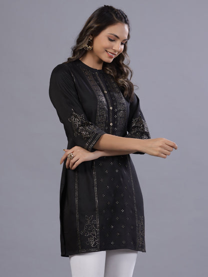 Black Chinon Silk Mukesh Work Straight Tunic