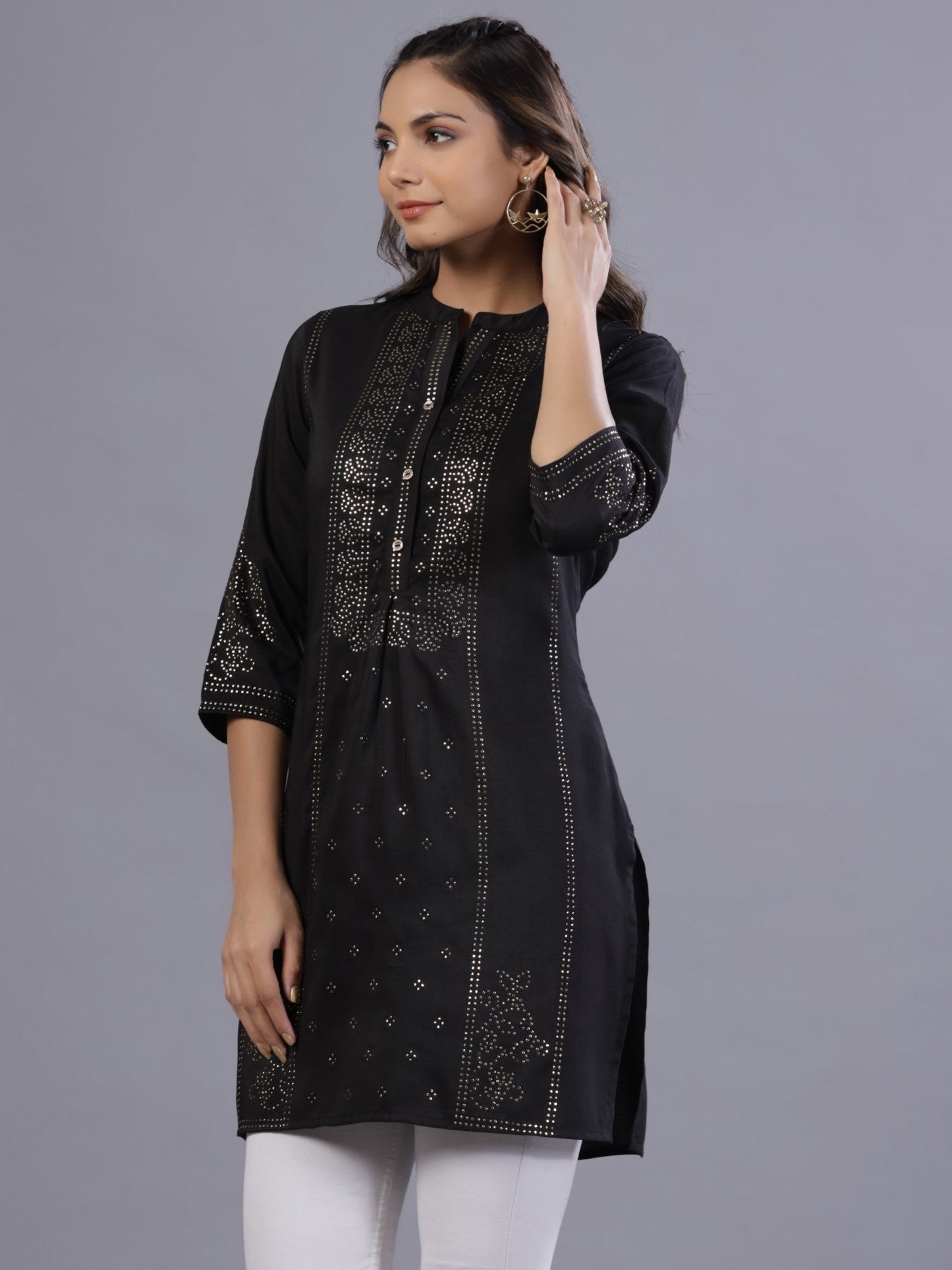 Black Chinon Silk Mukesh Work Straight Tunic