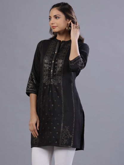 Black Chinon Silk Mukesh Work Straight Tunic
