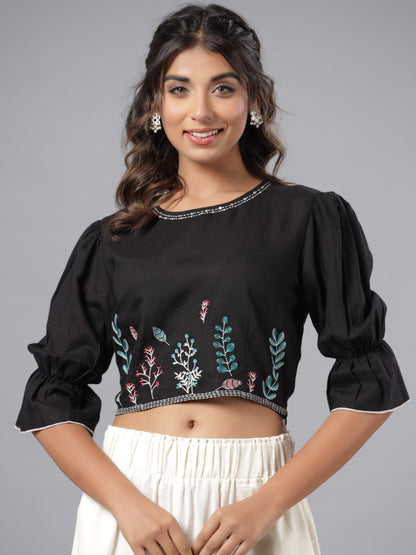 Black Rayon Flex Embroidered Crop Top