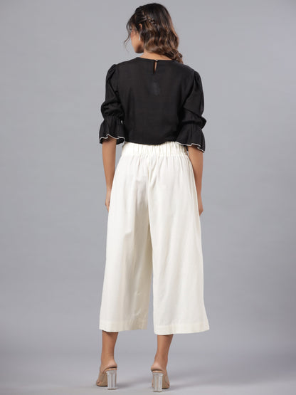 Black Rayon Flex Embroidered Crop Top