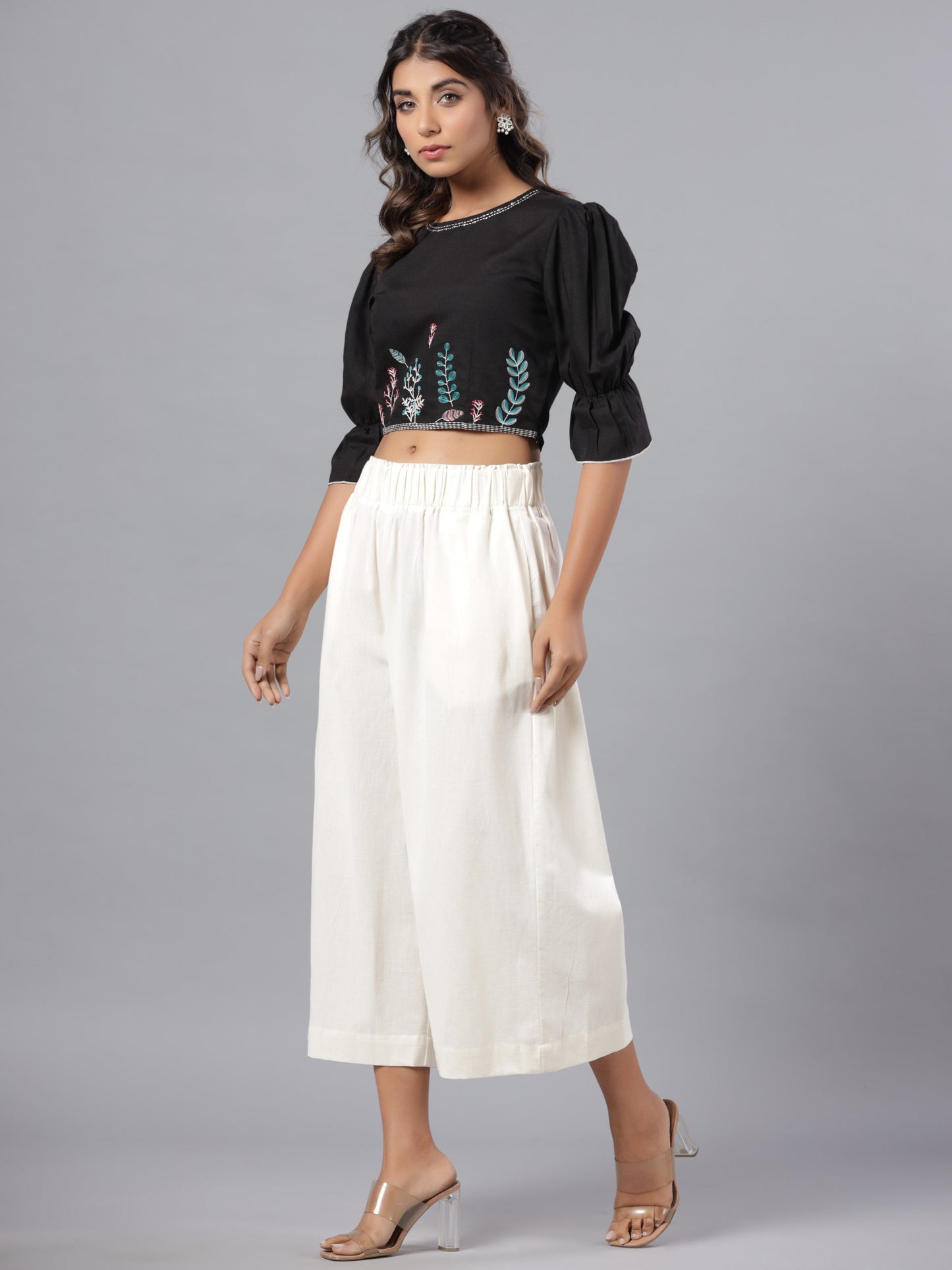 Black Rayon Flex Embroidered Crop Top