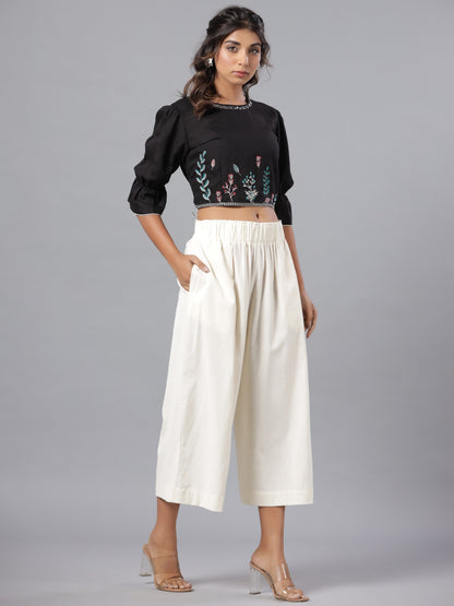 Black Rayon Flex Embroidered Crop Top