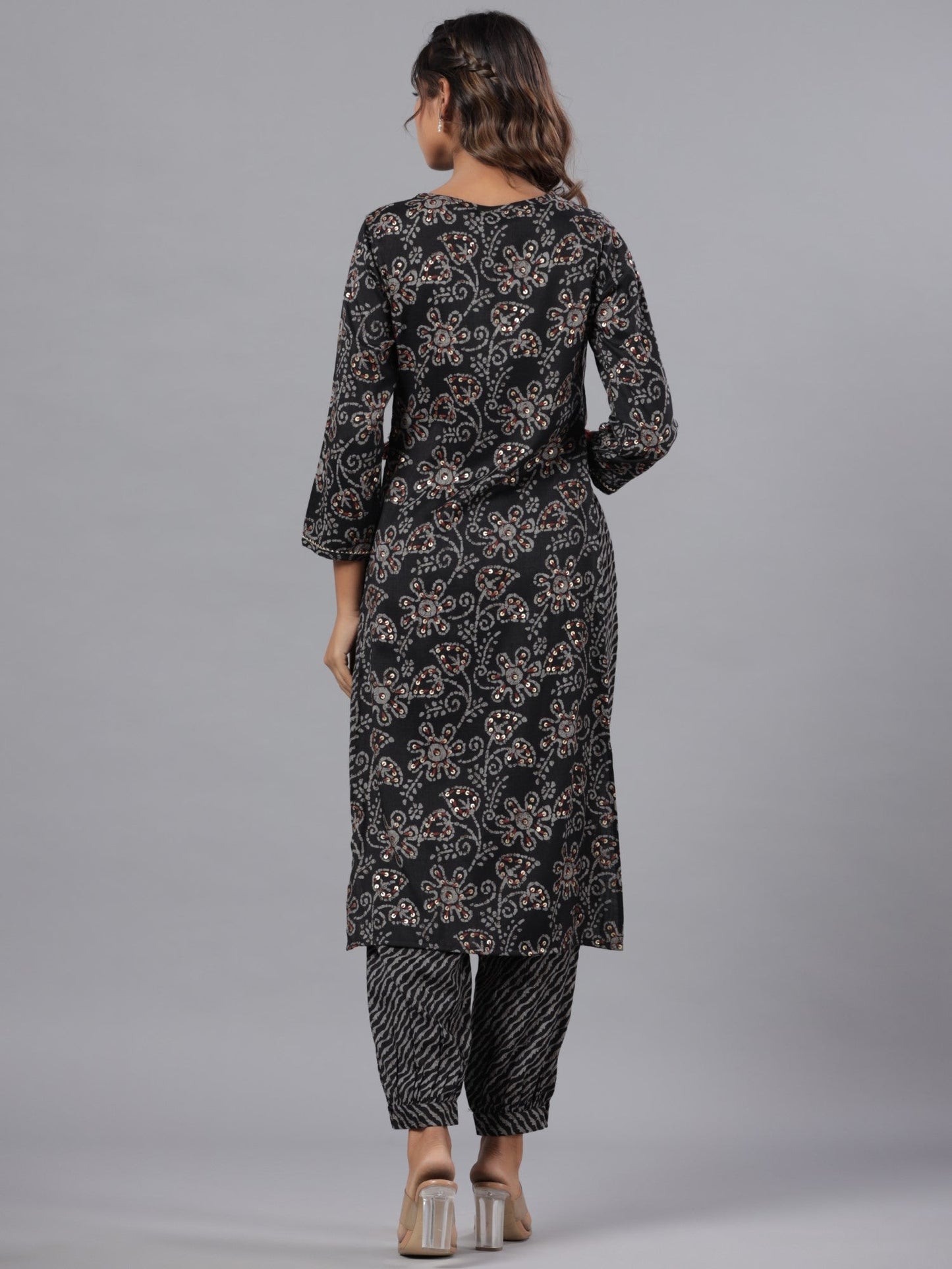 Black Rayon Slub Printed With Embroidered Kurta And Pants Set