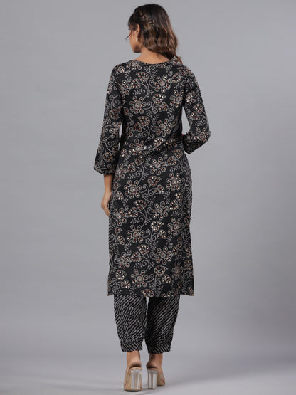Black Rayon Slub Printed With Embroidered Kurta And Pants Set