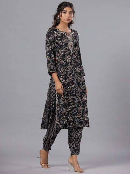 Black Rayon Slub Printed With Embroidered Kurta And Pants Set