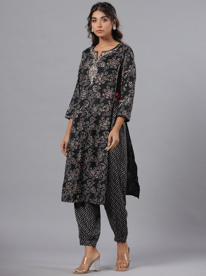 Black Rayon Slub Printed With Embroidered Kurta And Pants Set