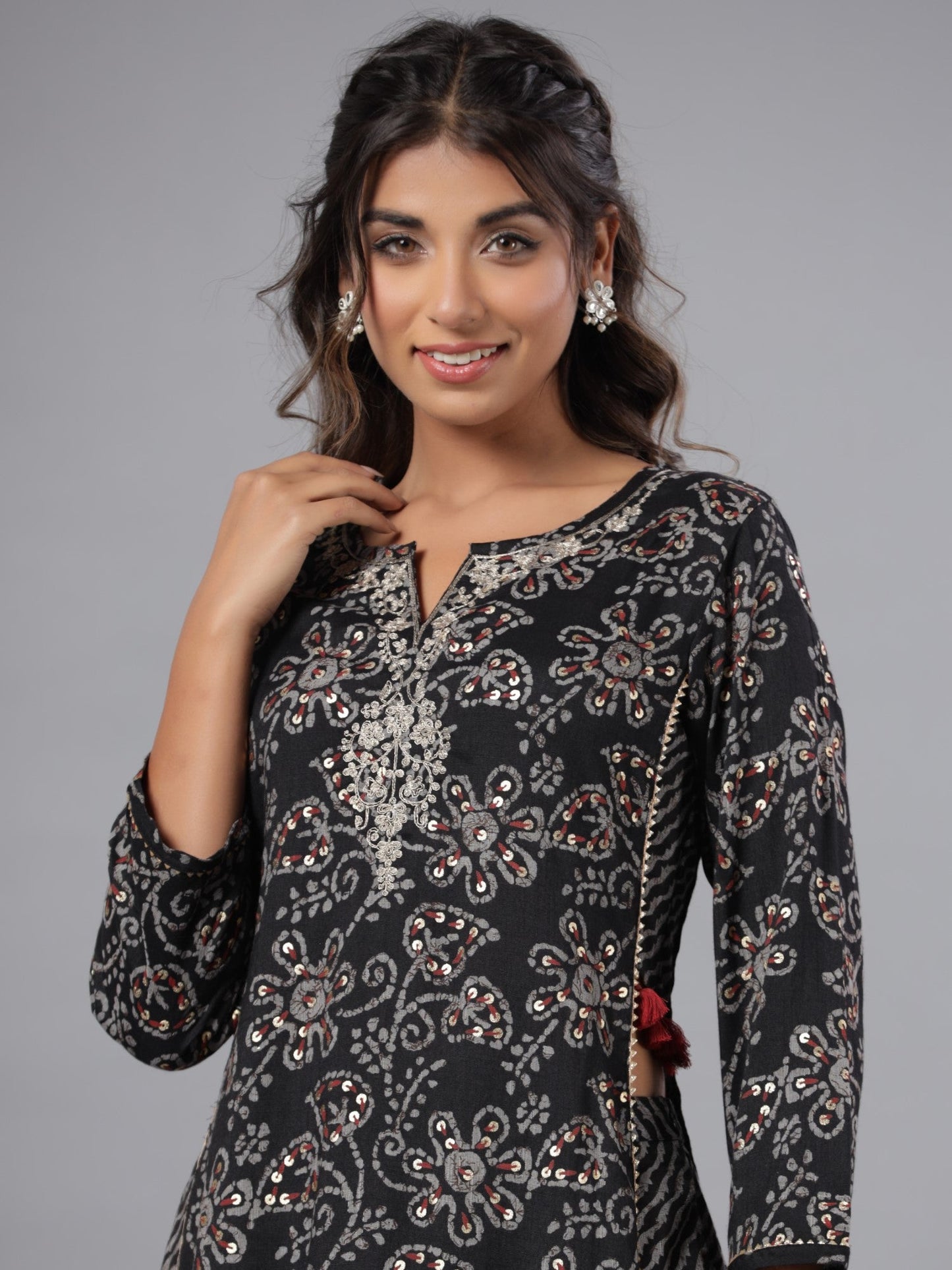 Black Rayon Slub Printed With Embroidered Kurta And Pants Set