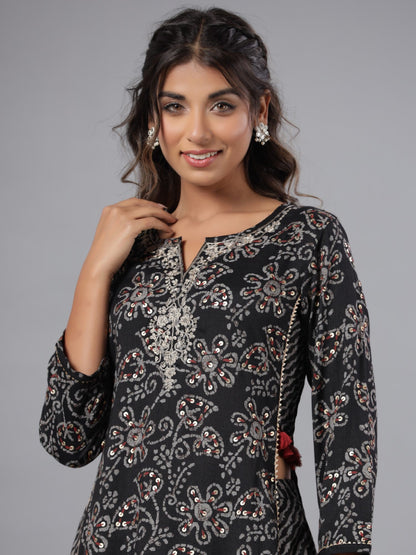 Black Rayon Slub Printed With Embroidered Kurta And Pants Set